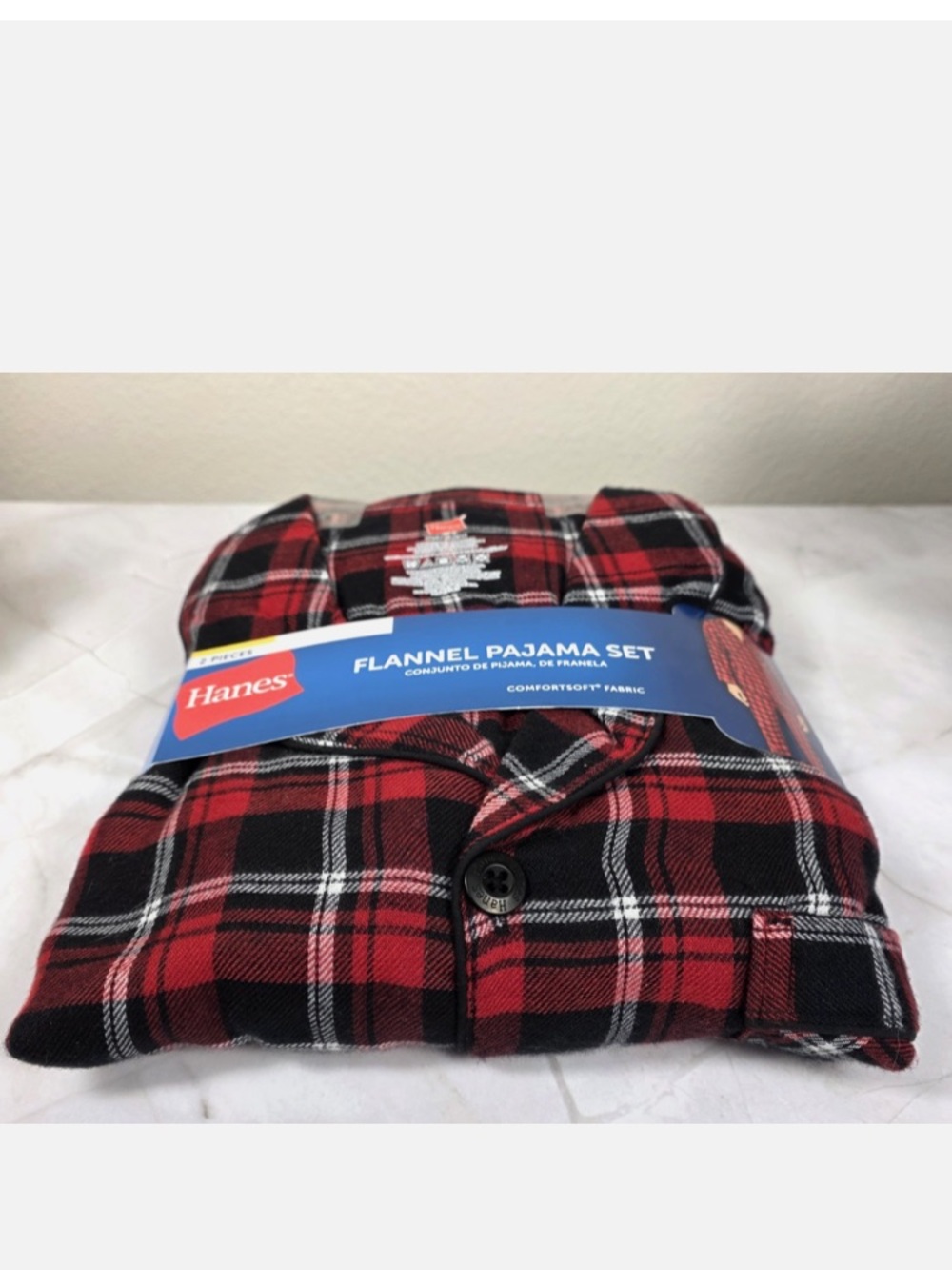 Hanes Men’s Red Black White Plaid Flannel Pajama Shirt